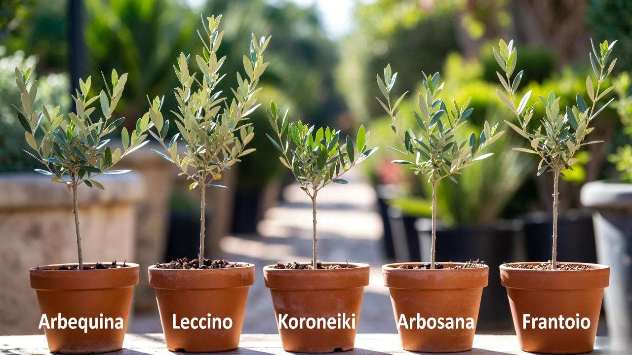 Different olive tree varieties (Arbequina, Leccino, Koroneiki) in pots for choosing the best type to grow