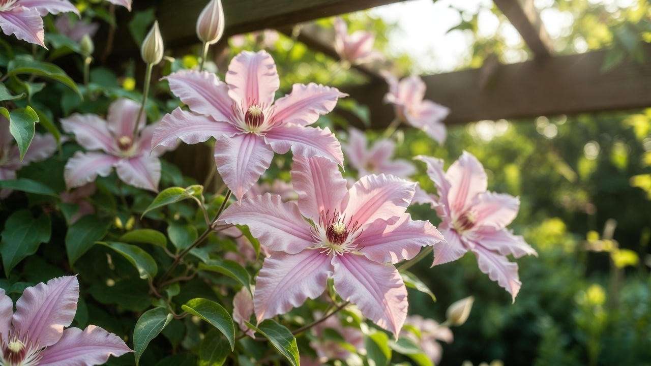 Clematis Pink Fantasy with large pink flowers climbing a wooden pergola