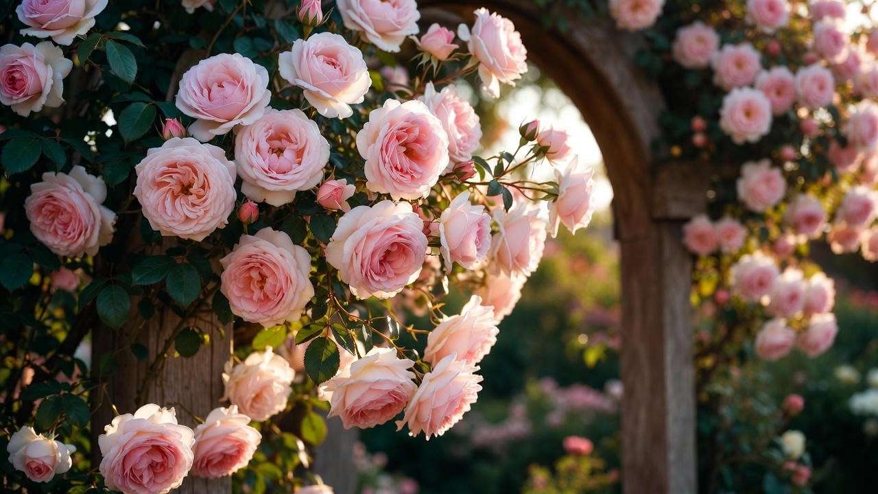New Dawn climbing rose in soft pink covering garden arch