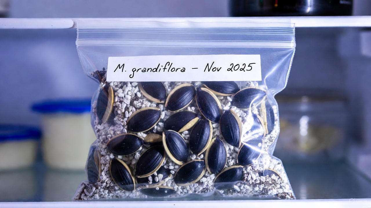 Magnolia seeds in moist vermiculite inside labeled zip-lock bag during cold stratification in refrigerator