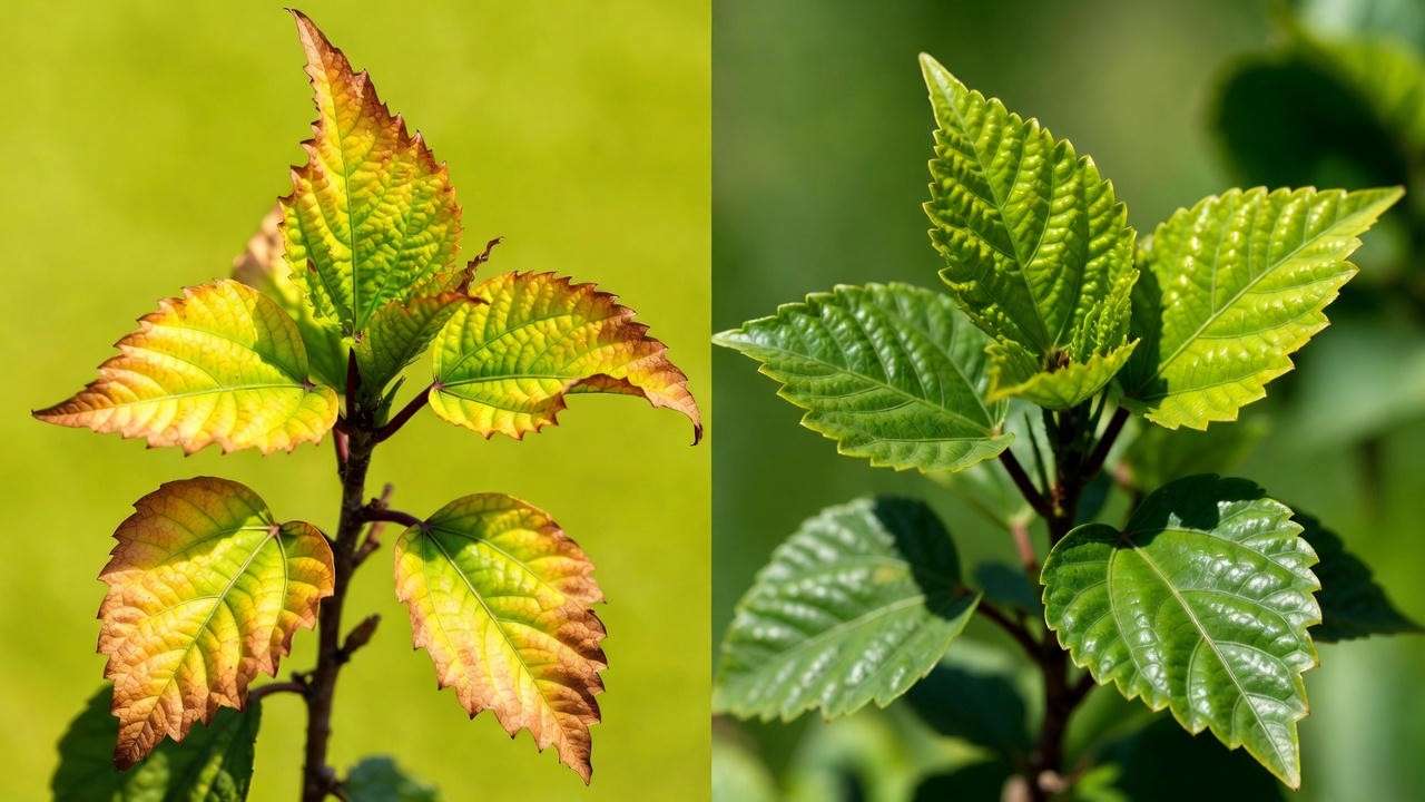 Hibiscus fertilizer burn vs healthy leaves comparison