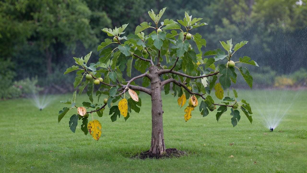 Fig tree planted in lawn suffering from overwatering and fruit splitting – common mistake
