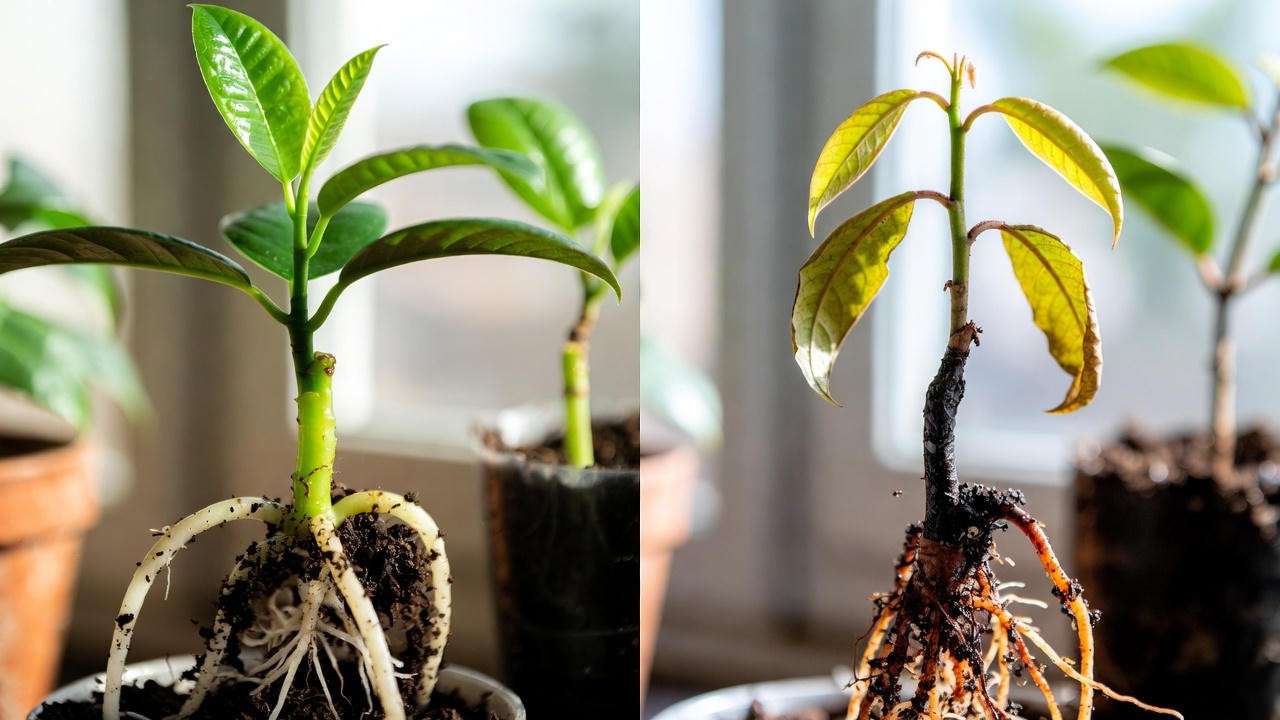 Comparison of successful vs. rotted rubber plant cutting showing overwatering mistake