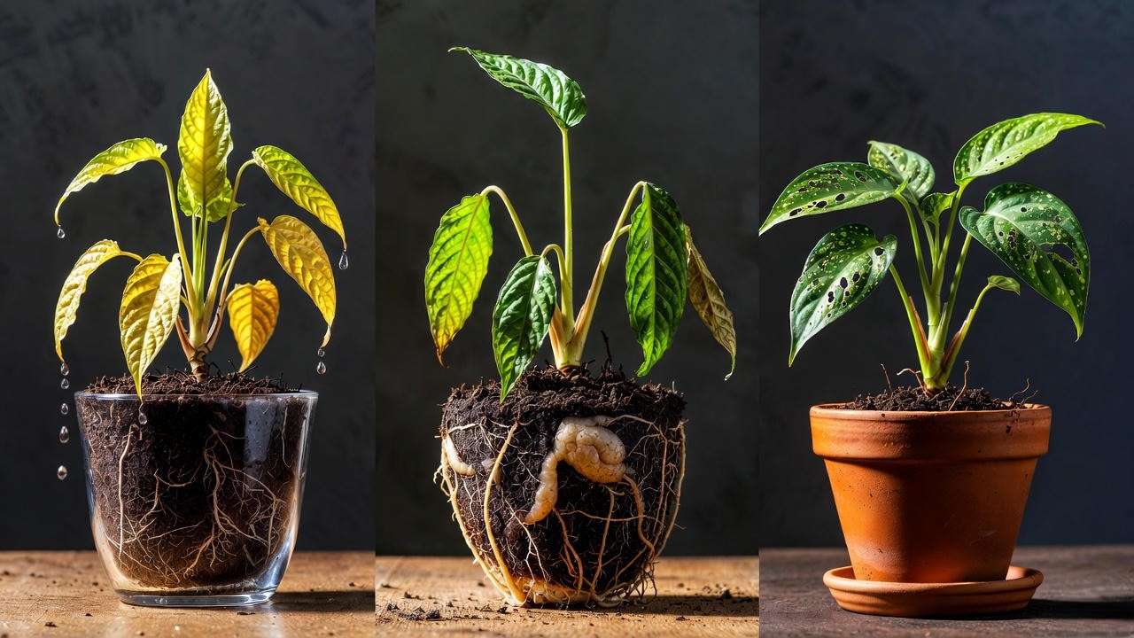Common pot plant growth mistakes including overwatering, root rot, and pests on houseplants