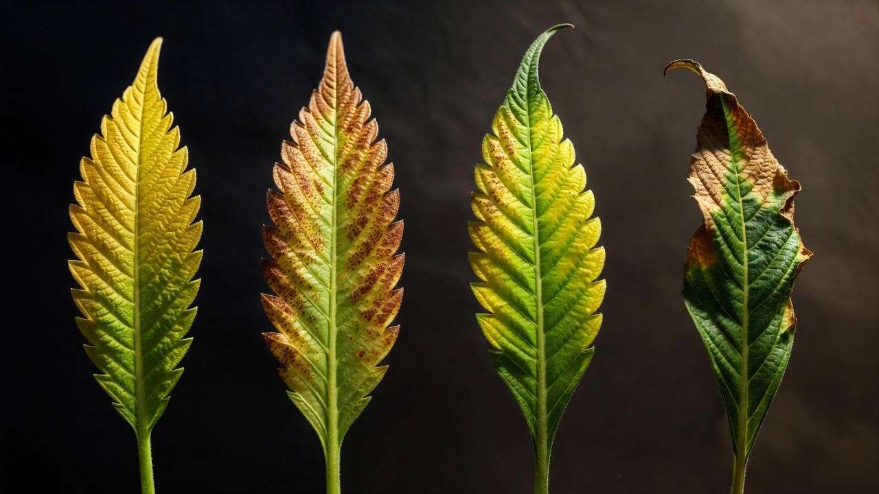 Cannabis nutrient deficiency examples – nitrogen calcium magnesium potassium deficiencies on fan leaves