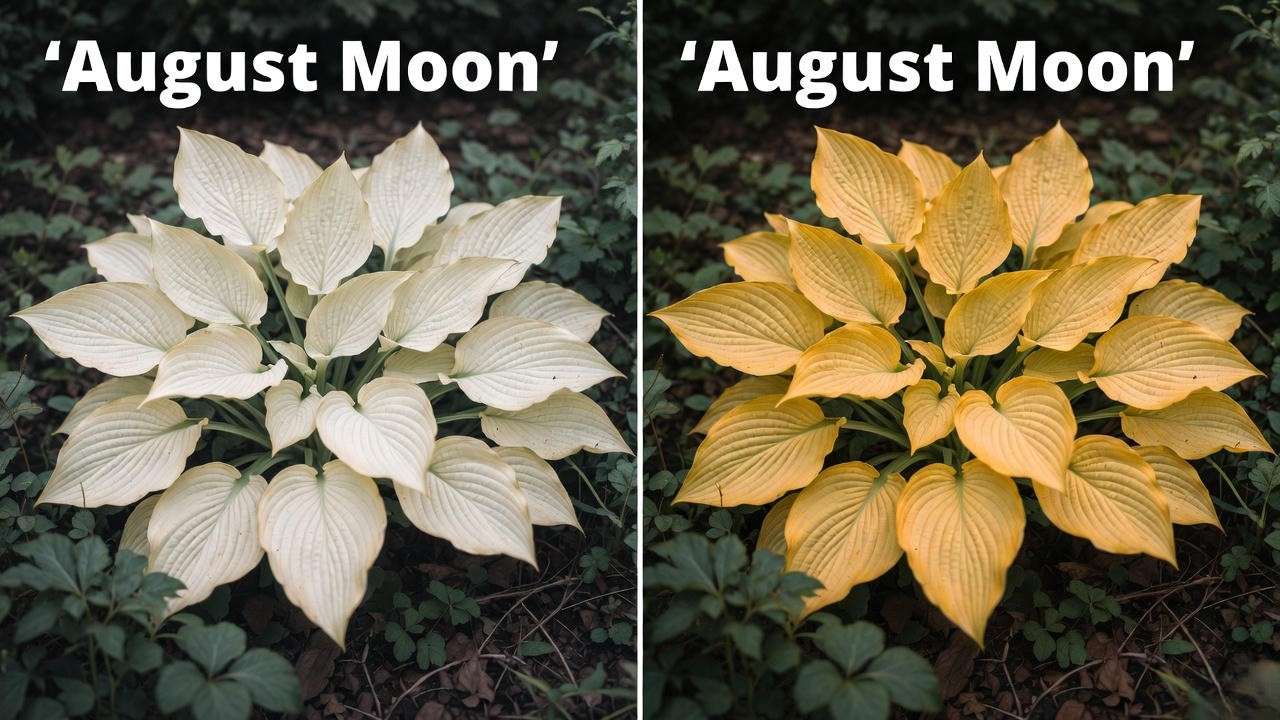 Hosta August Moon too much sun (pale) vs perfect light conditions (vibrant gold)