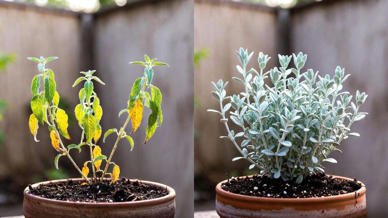 Before and after fixing overwatering on Greek mountain tea plant