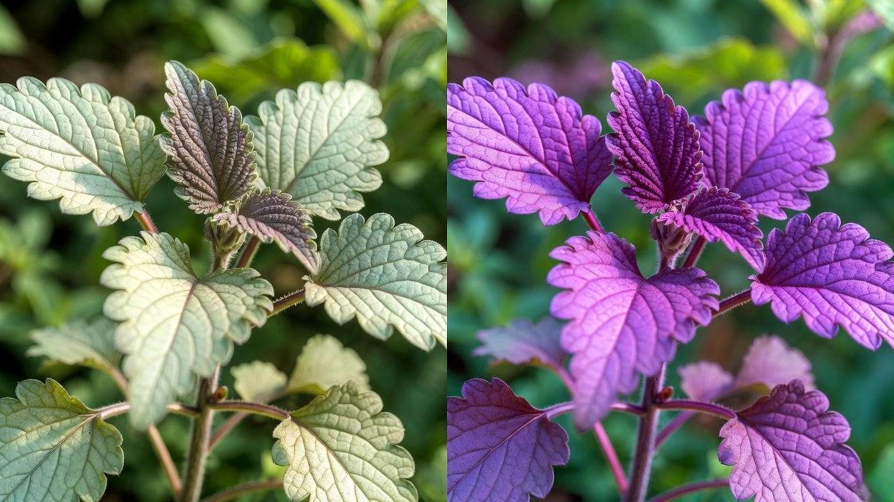 Comparison of faded vs vibrant purple leaves showing the effect of proper lighting
