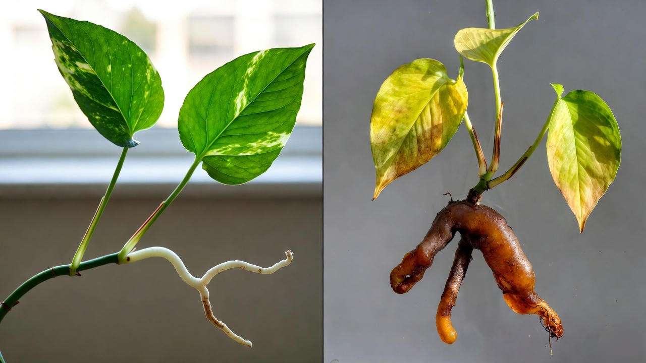 Healthy vs. unhealthy pothos roots and leaves in aquarium