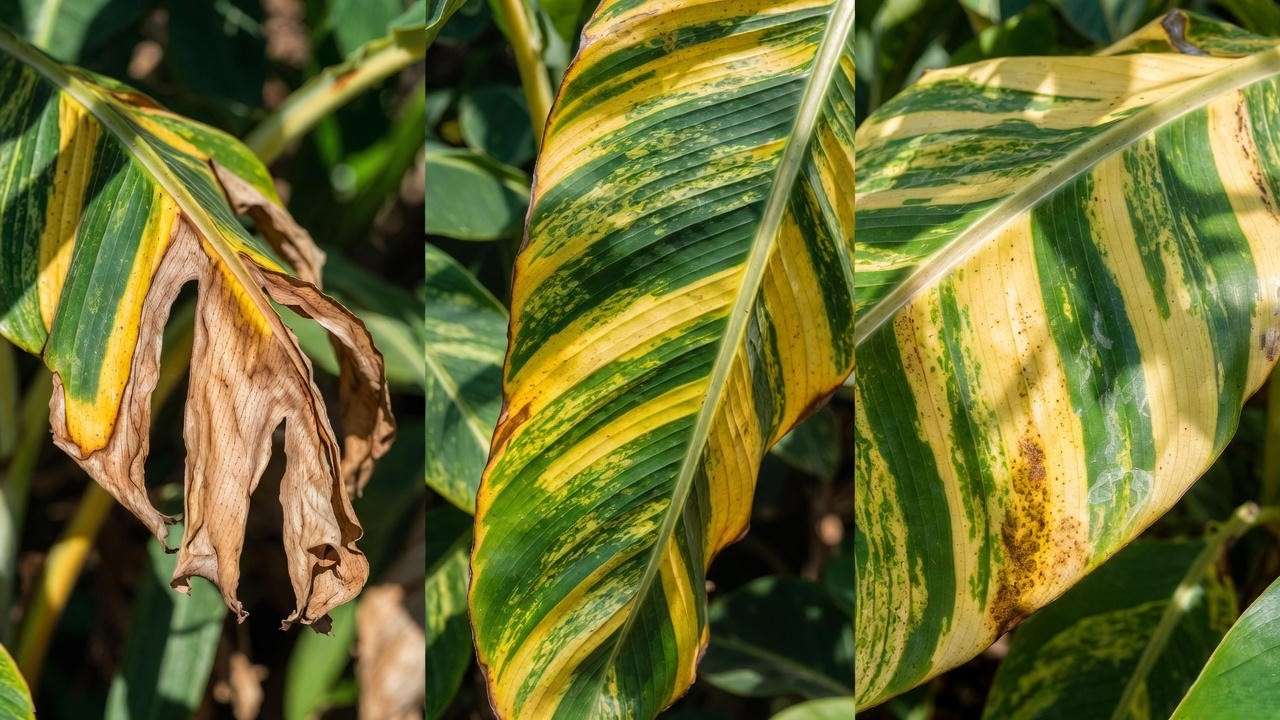 Common problems on variegated banana plant including brown tips and fading variegation
