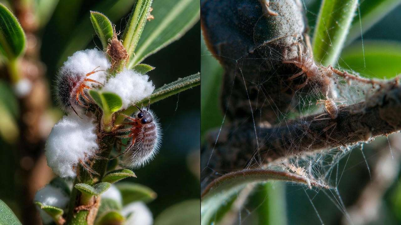 Mealybugs and spider mites on dragon’s blood Dracaena leaves