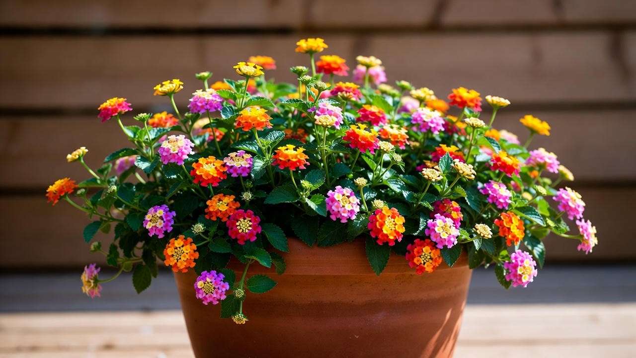Confetti Lantana thriving and cascading in container on sunny deck