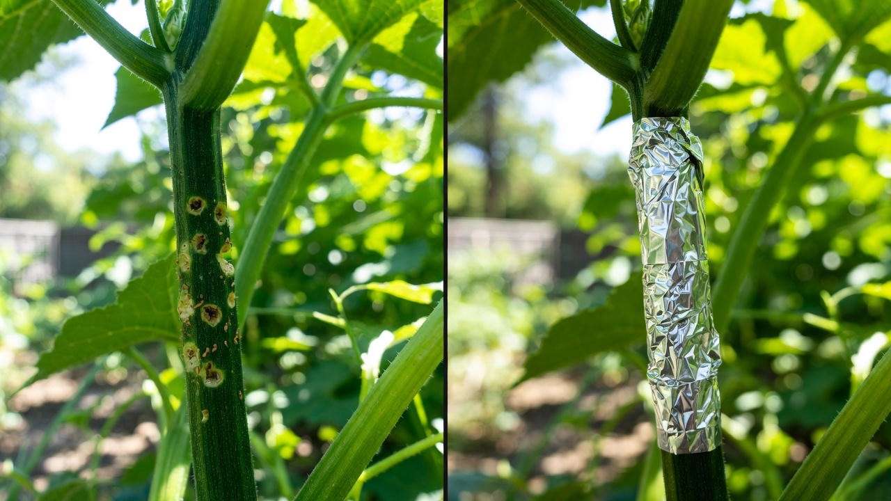 Squash vine borer damage vs prevention with foil wrap on pumpkin stem in Texas