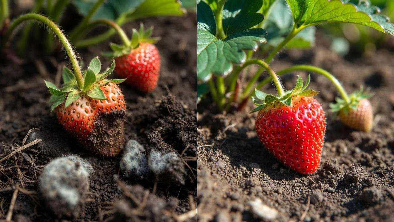 Strawberry crown rot from planting too deep vs correct depth