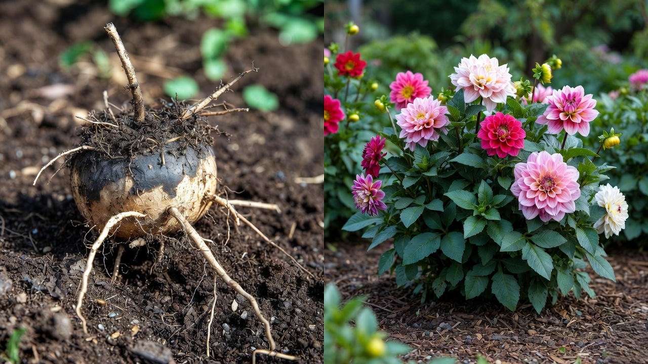 Tuber rot from planting too early vs perfect healthy dahlia from correct timing