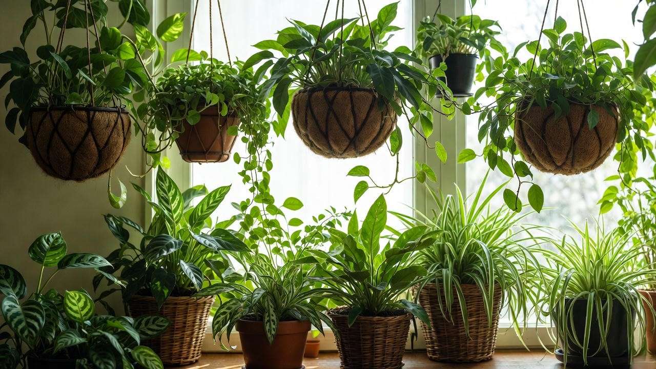 Variety of lush trailing houseplants in woven hanging and tabletop baskets near bright window
