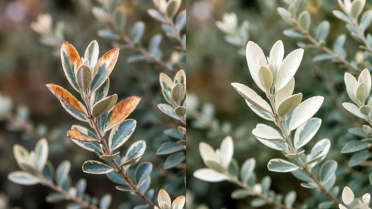 Ligustrum Jack Frost winter windburn damage vs protected healthy leaves