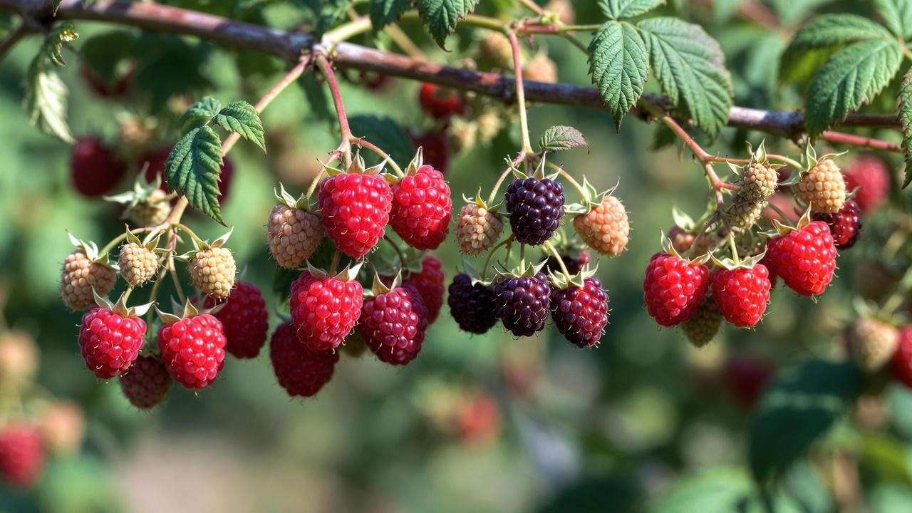 Comparison of ripe Heritage raspberry berries next to Caroline, Joan J, and Boyne varieties showing size and color differences