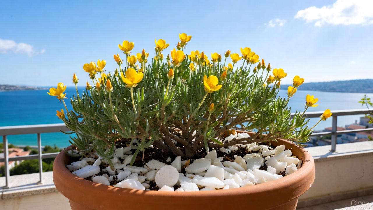 Greek mountain tea plant growing happily in terracotta container on a balcony