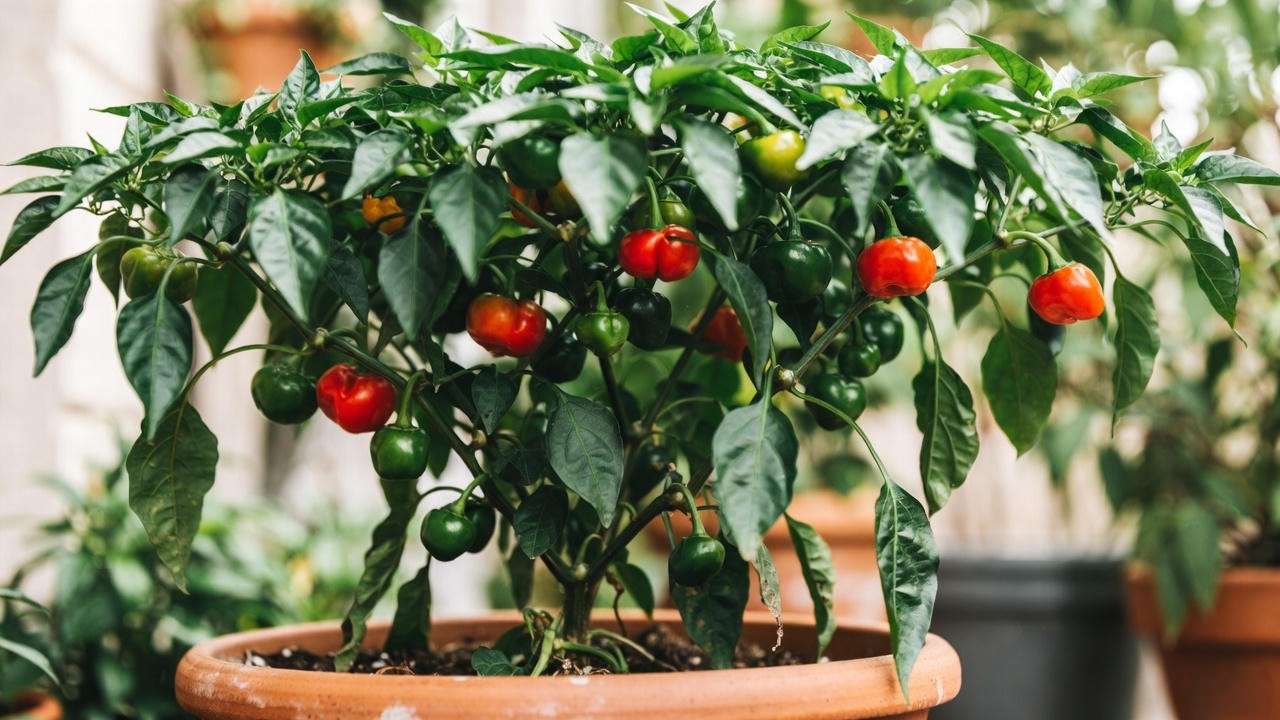 Tabasco pepper plant growing in a container pot in full sun