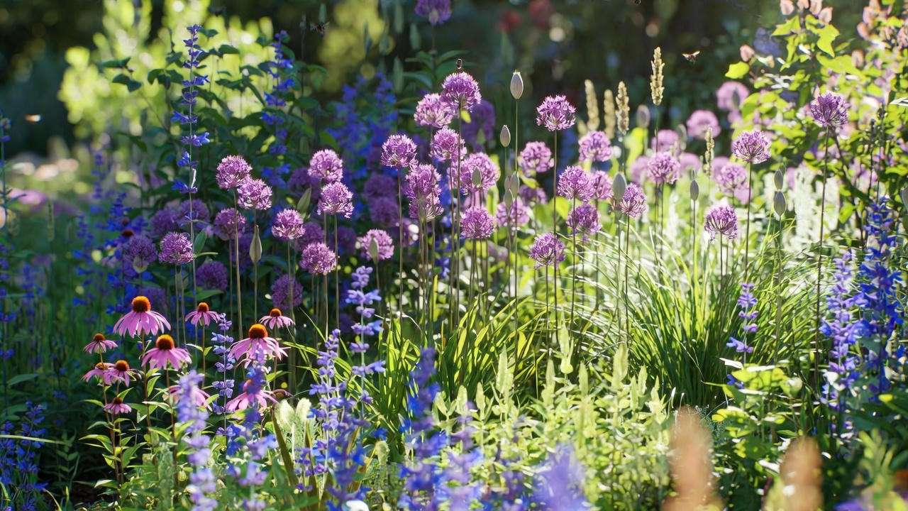 Allium Serendipity in garden border with companion plants like echinacea and salvia