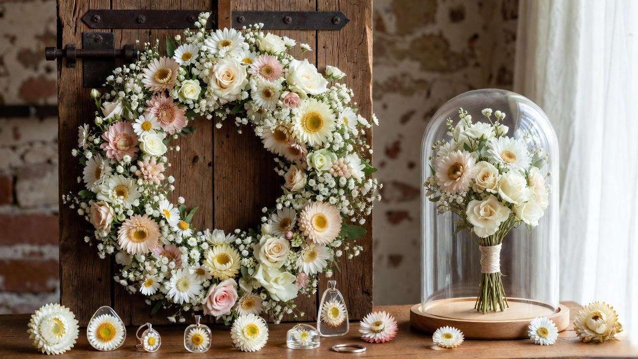 Creative uses of dried life everlasting plant – wreath, preserved bouquet and resin art