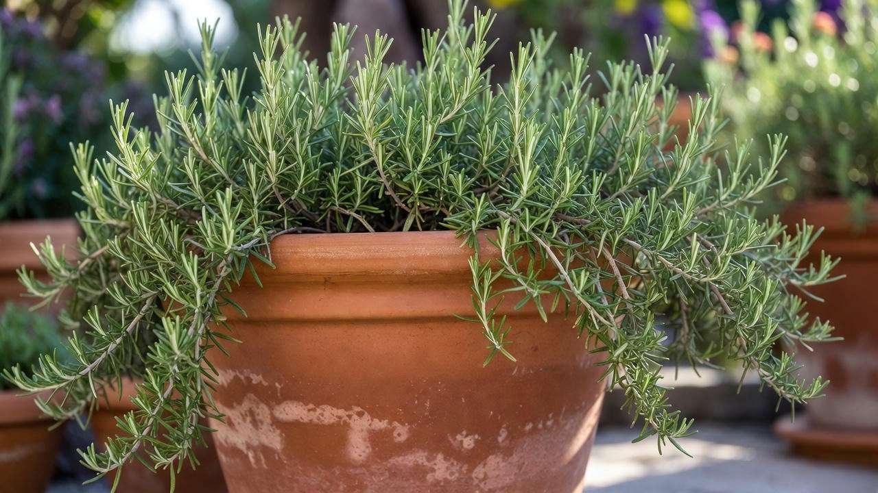 Prostrate rosemary in a terracotta container
