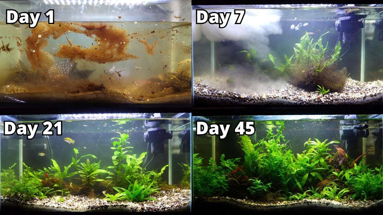Dirt planted aquarium water clarity progression from Day 1 to Day 45