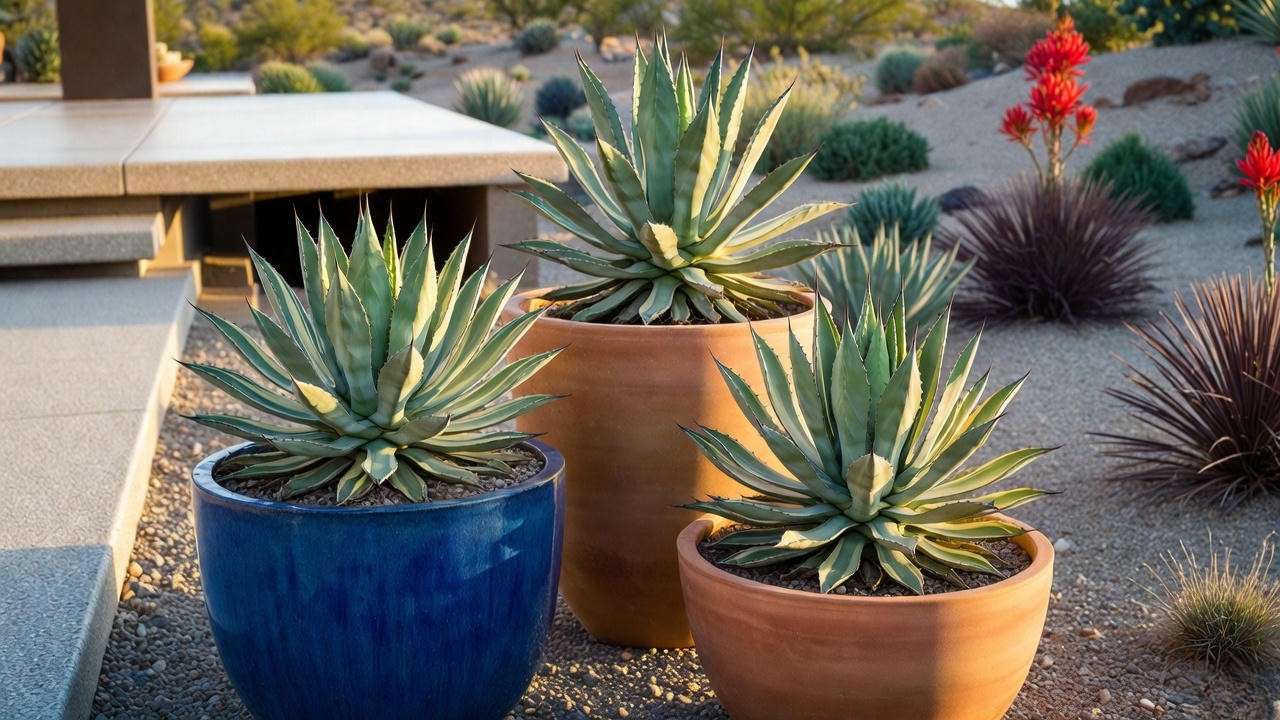 Variegated century plants (Agave americana ‘Marginata’) in decorative containers modern patio design