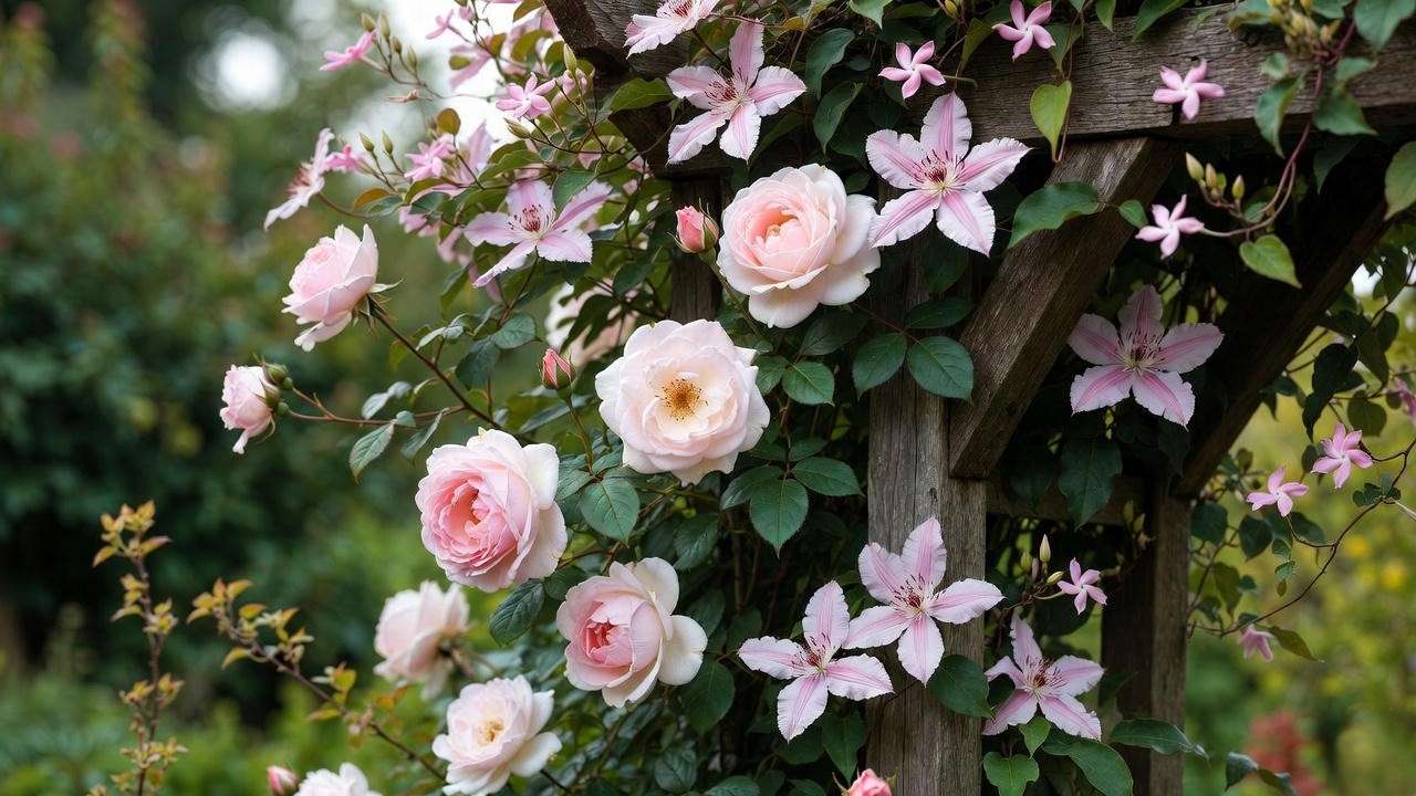 Romantic pink climbing plants mixed on wooden arbor – New Dawn rose, clematis and jasmine