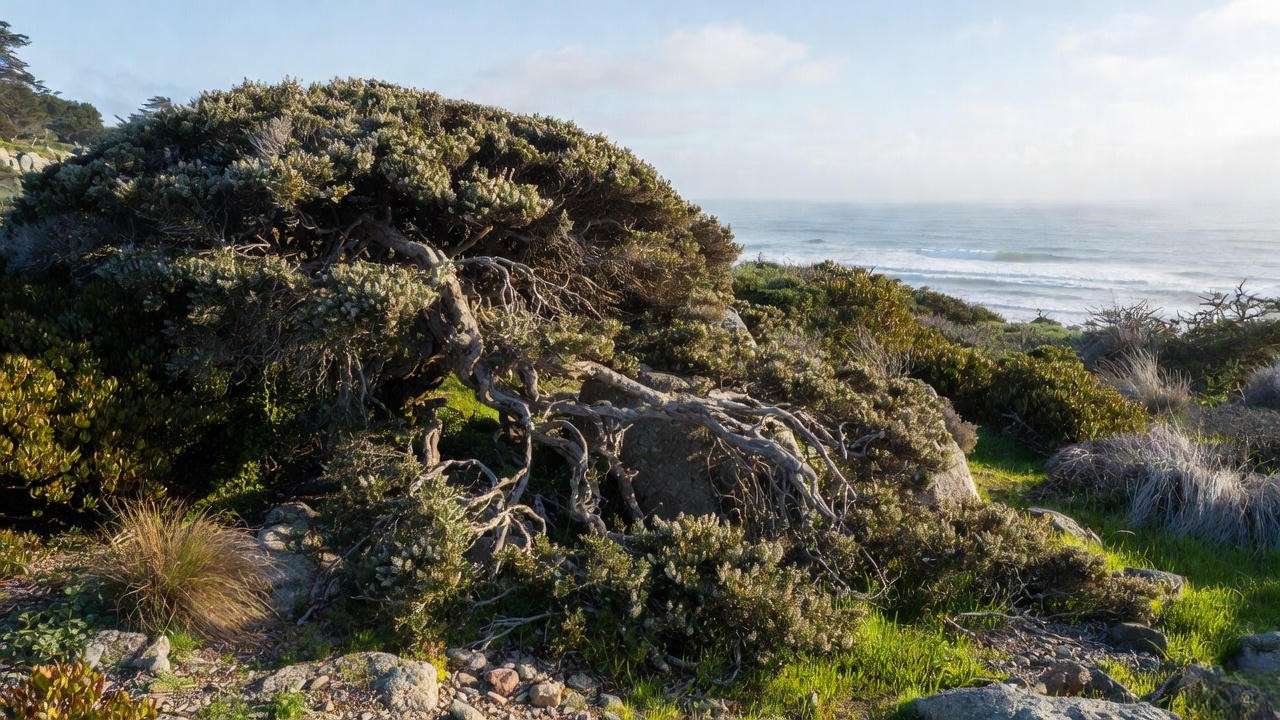 Mature Ceanothus Yankee Point used as flowing groundcover on coastal California slope