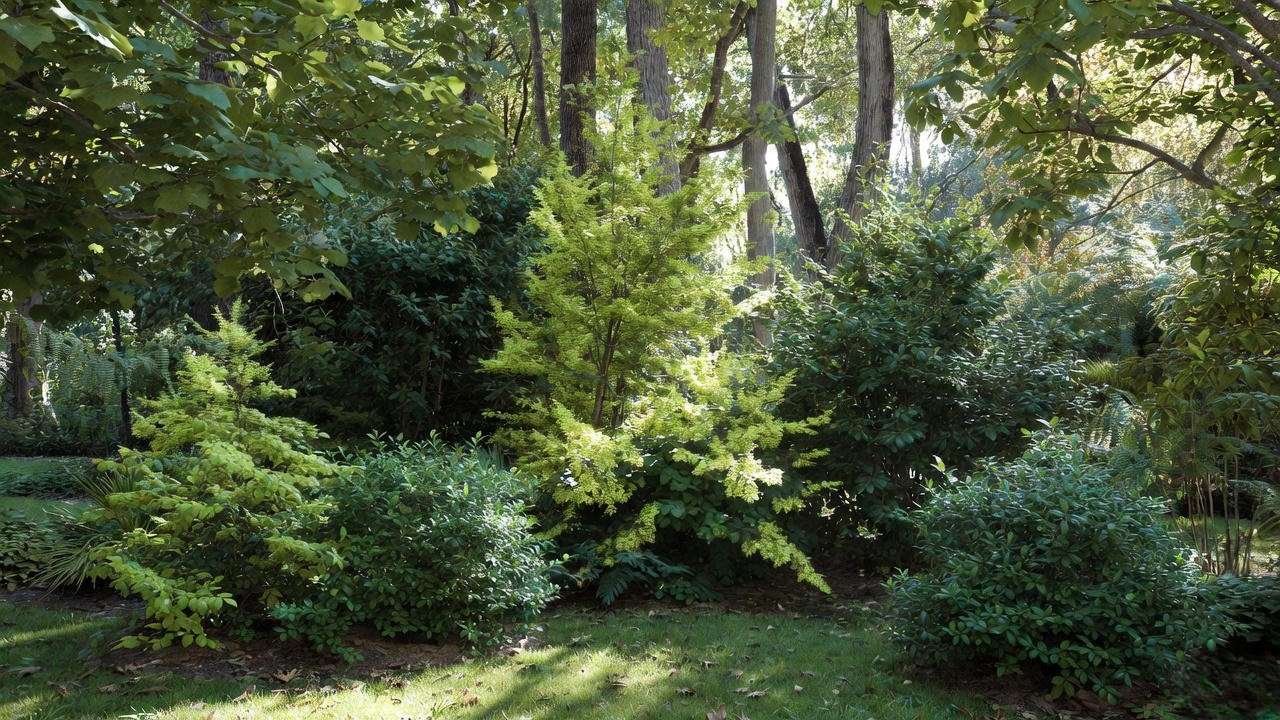 Layered shade evergreen privacy screen with Hicks Yew, Sky Pencil Holly, and Inkberry holly creating year-round backyard privacy