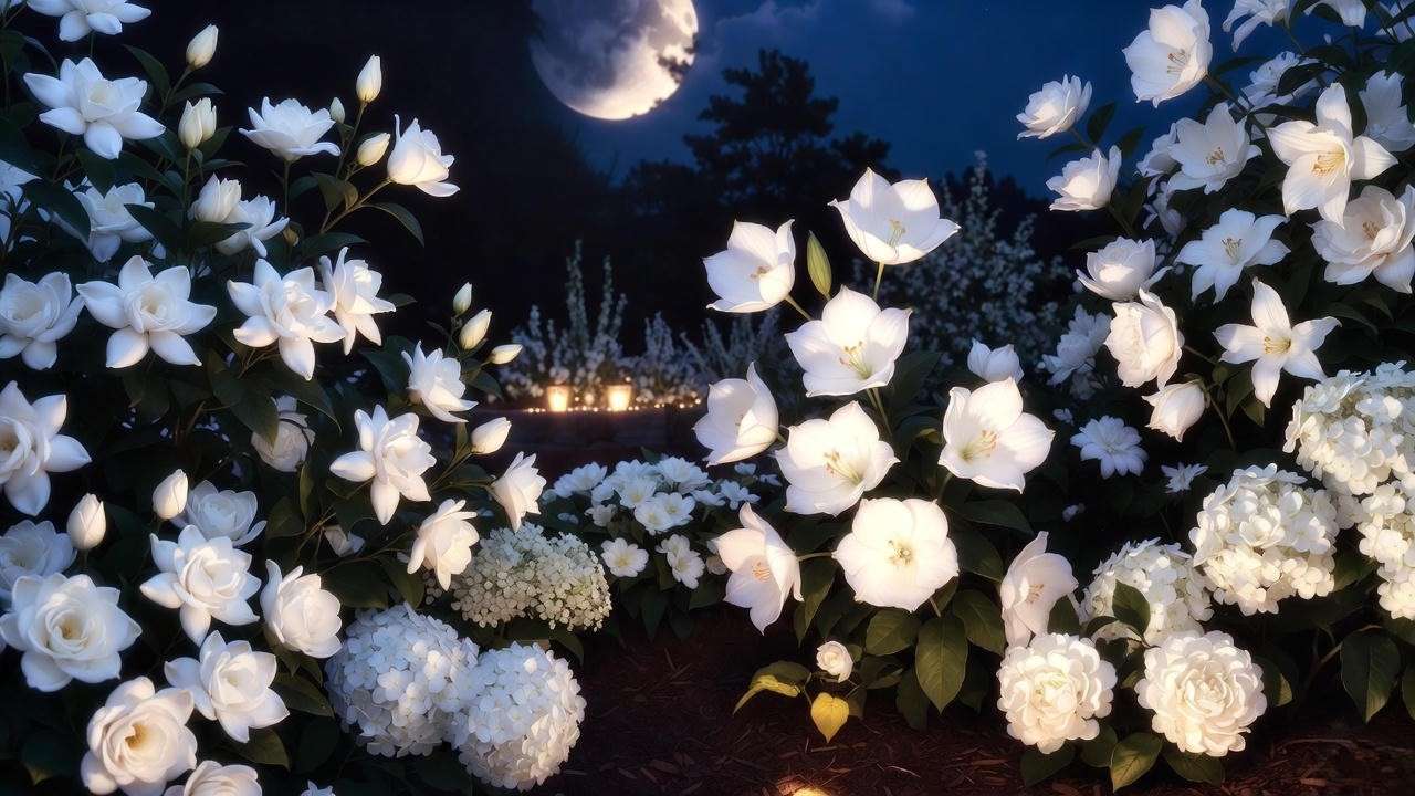Beautiful white moon garden glowing at dusk with lilies and hydrangeas