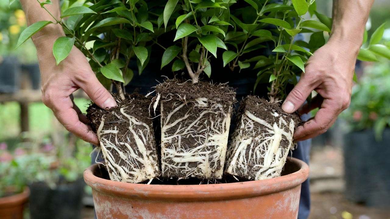Dividing a mature jasmine plant into multiple sections for propagation