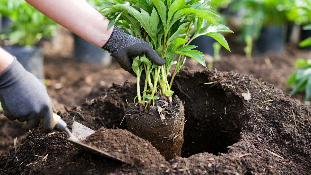 Emergency peony rescue – cutting back yellow foliage and replanting in raised mound