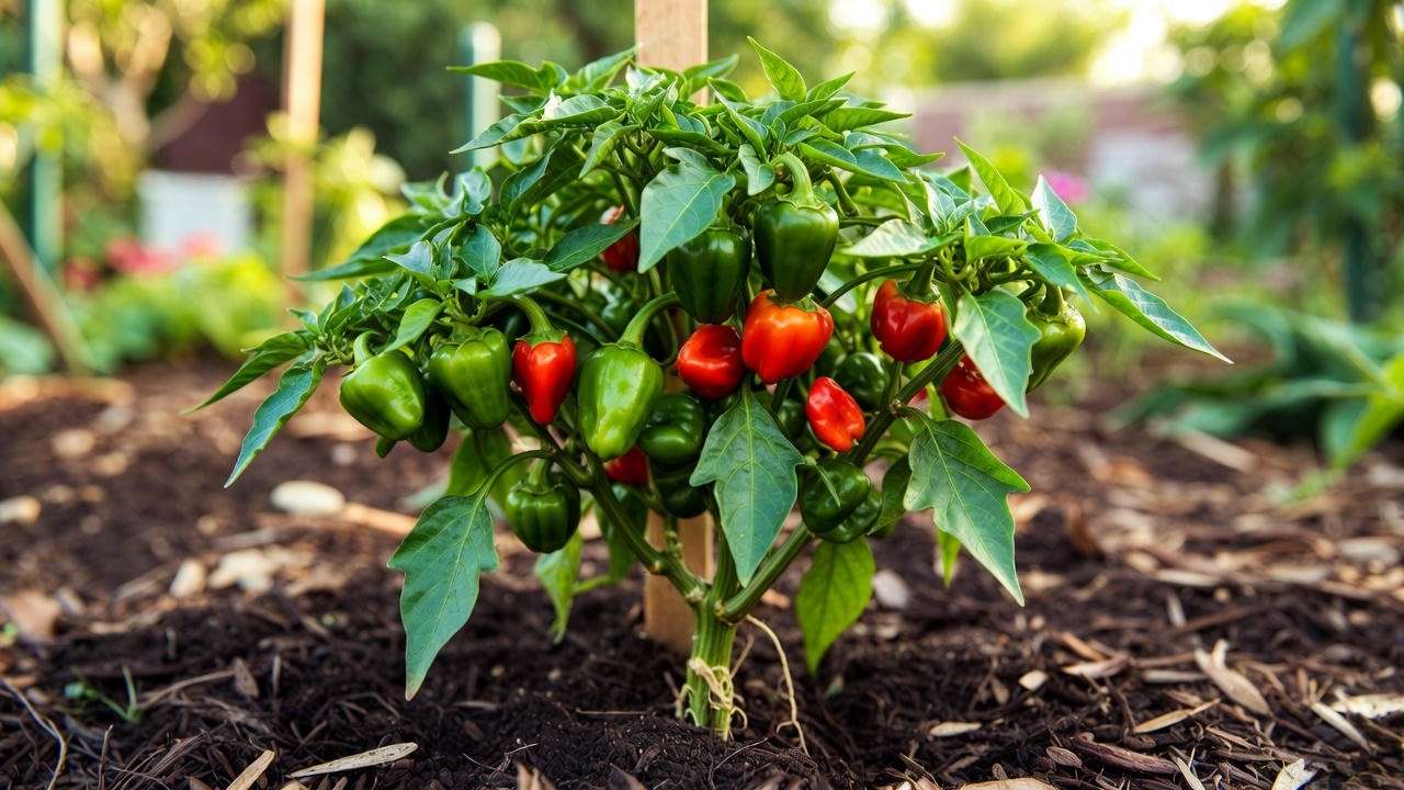 Healthy mature Peter Pepper plant in full sun with ripening pods