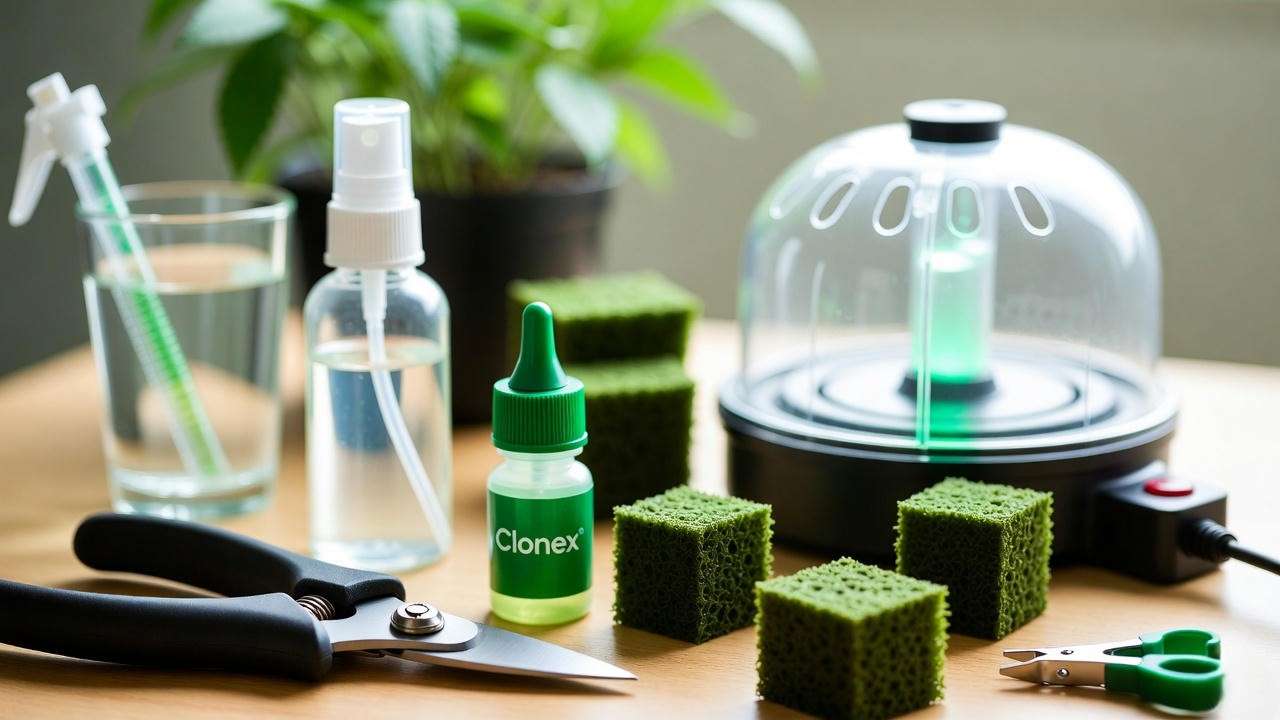 Essential marijuana cloning tools including shears, rooting hormone, rockwool cubes and humidity dome