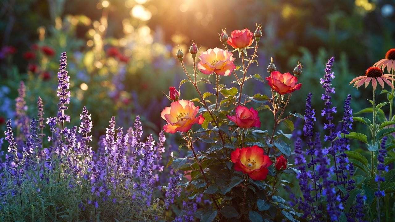 Beautiful companion planting design with Chicago Peace rose and perennials