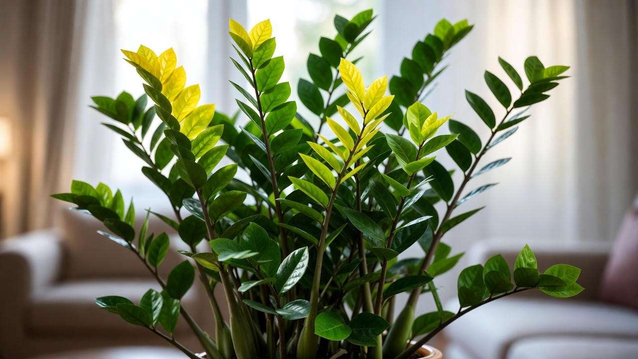 Mature Chameleon ZZ Plant with thriving multi-tone yellow and green foliage indoors