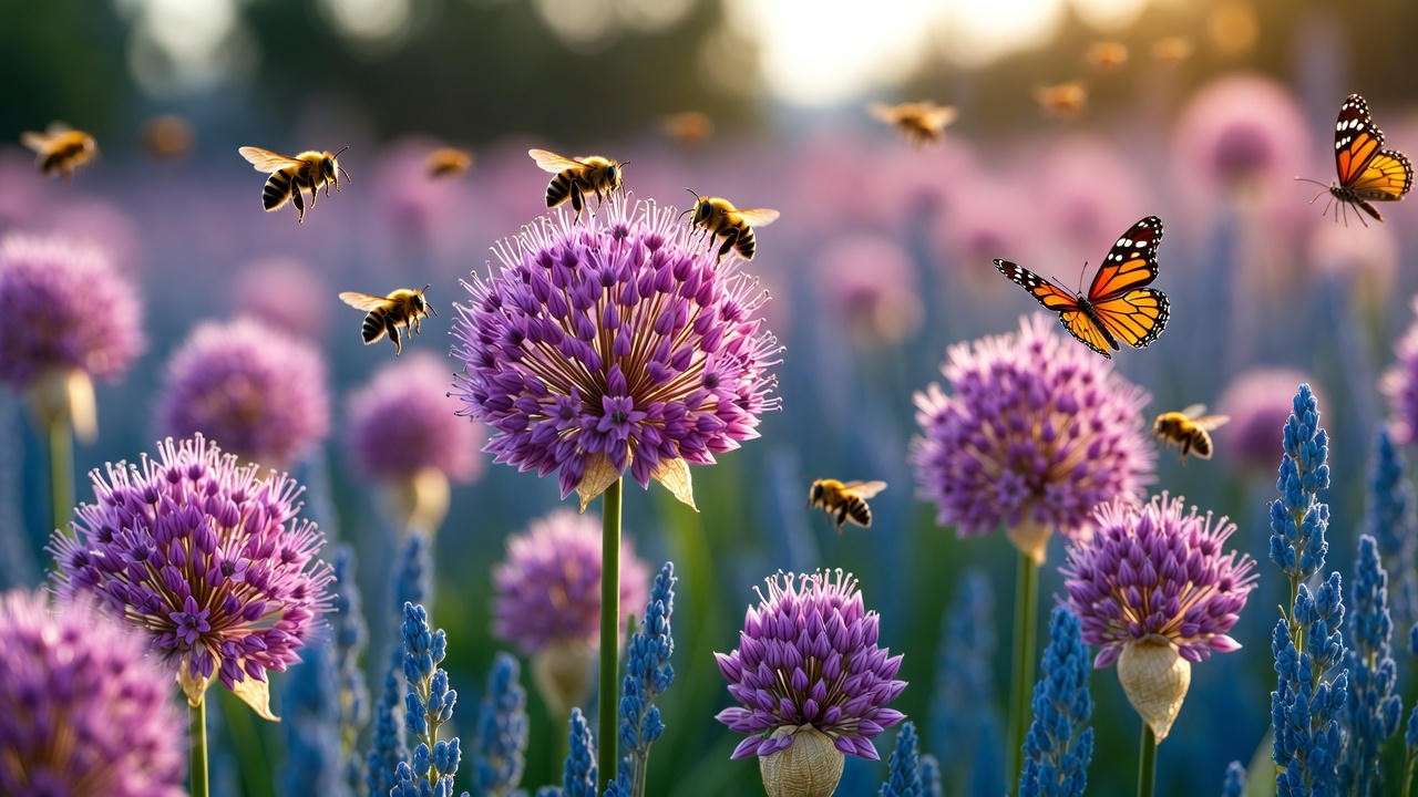 Bees and butterflies pollinating Allium Serendipity rosy-purple flowers in garden