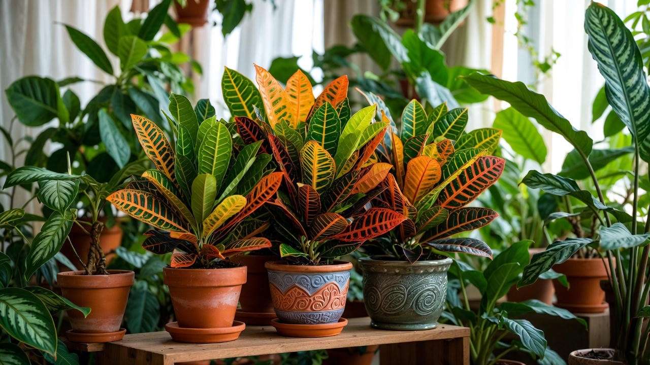 Collection of vibrant Mammy Croton plants grouped together indoors