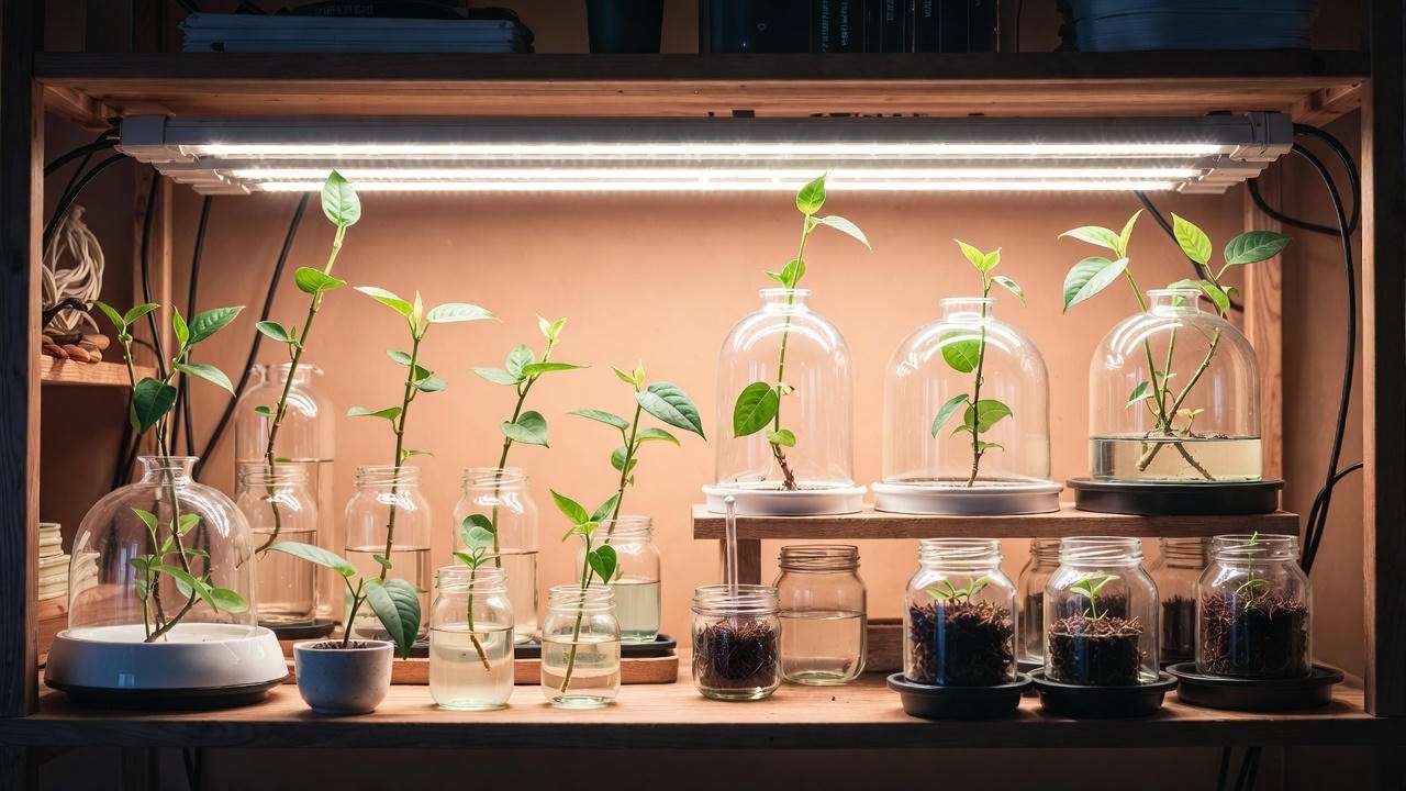 Indoor jasmine propagation station with multiple successful cuttings