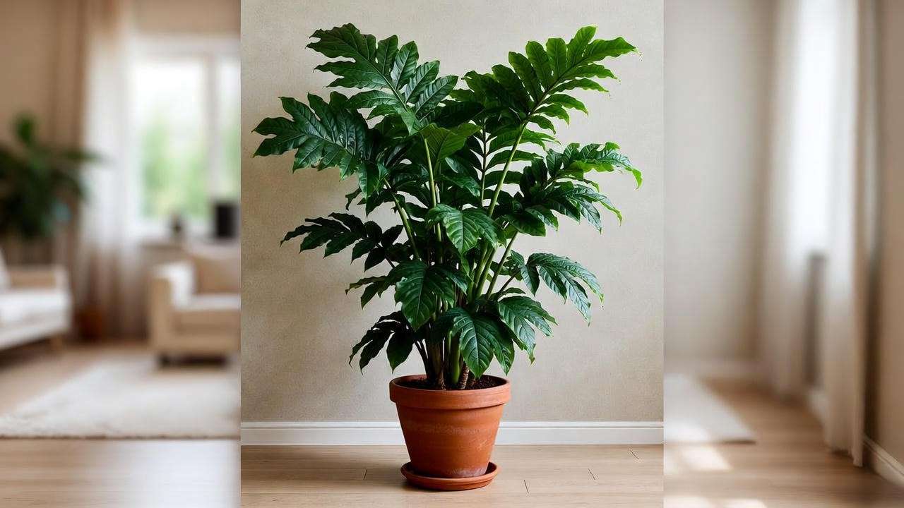 Mature thriving Olympia False Aralia plant as dramatic indoor floor specimen