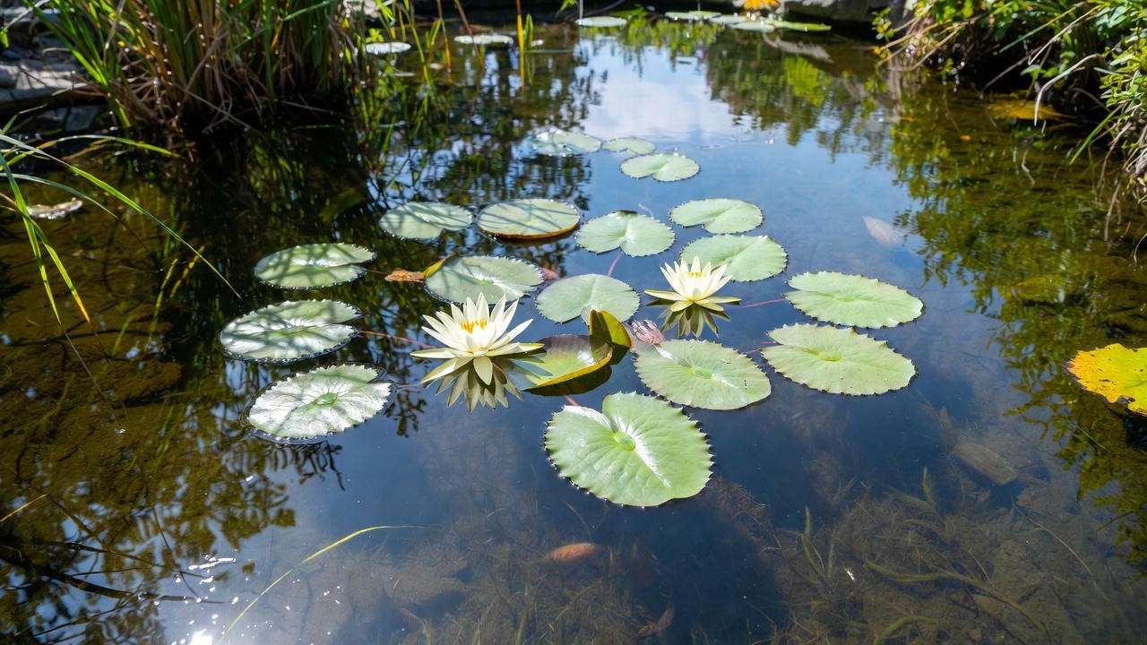 Thriving backyard pond with water lilies and aquatic plants using proper pond substrate for healthy growth.