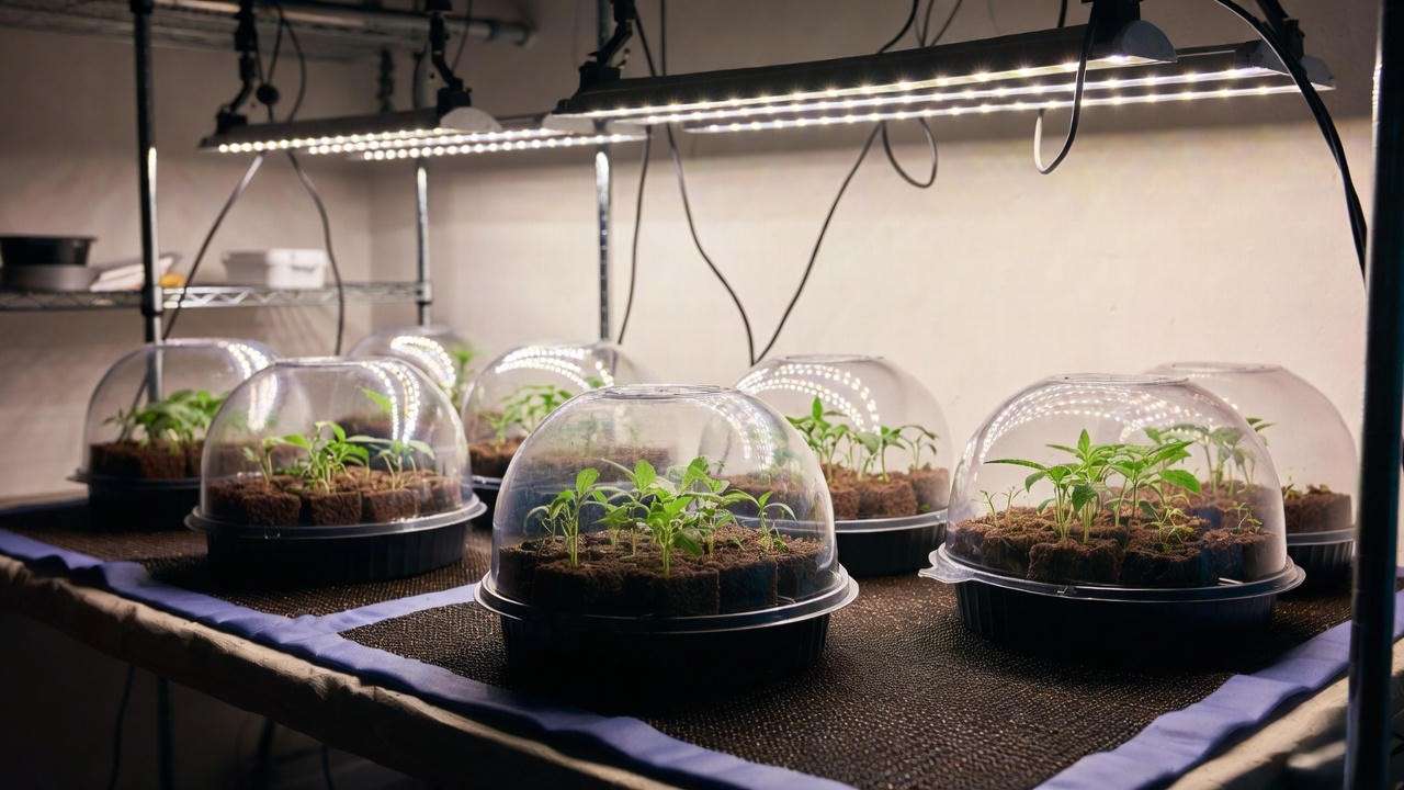 Professional marijuana cloning station with humidity domes and heat mat
