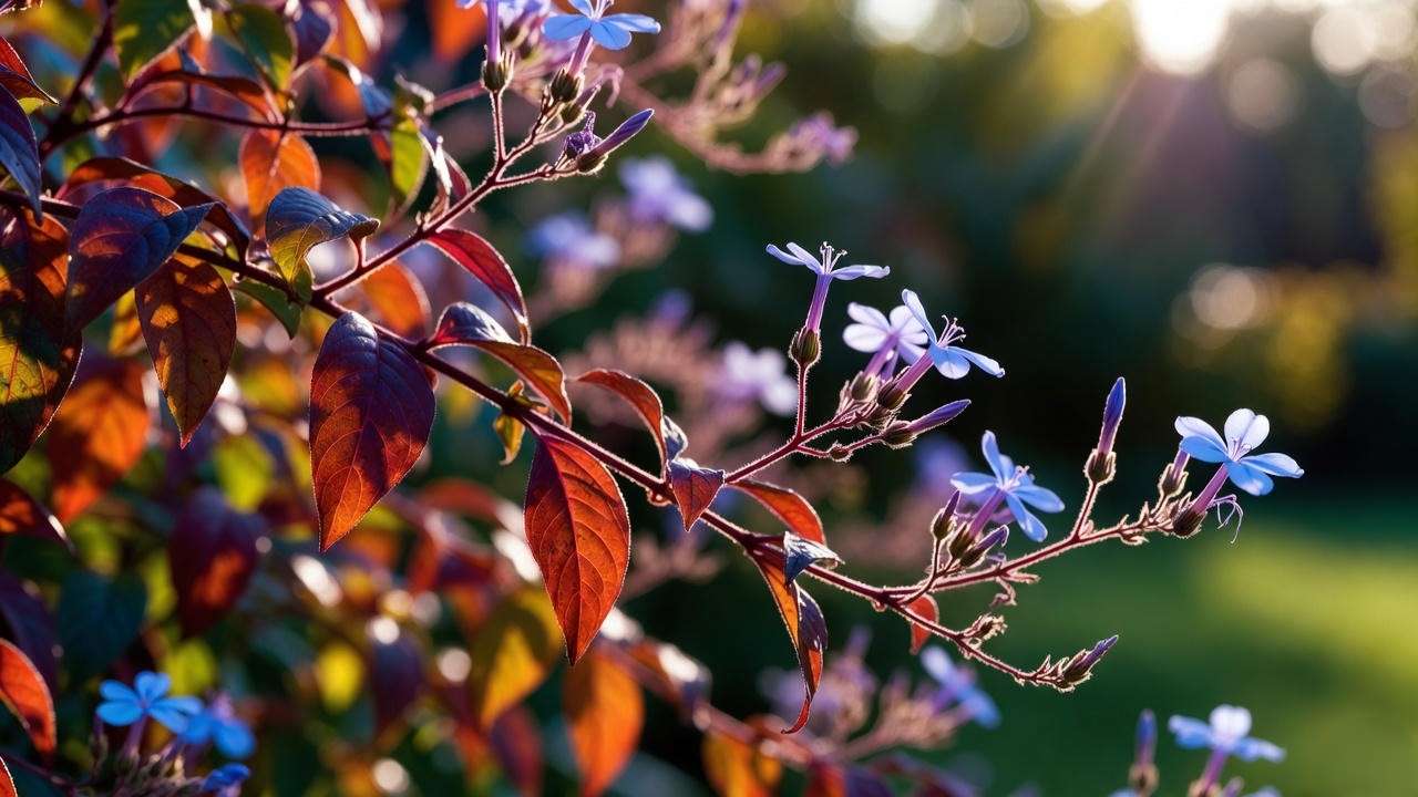 Stunning bronze-red fall foliage of hardy plumbago plant in autumn garden display.