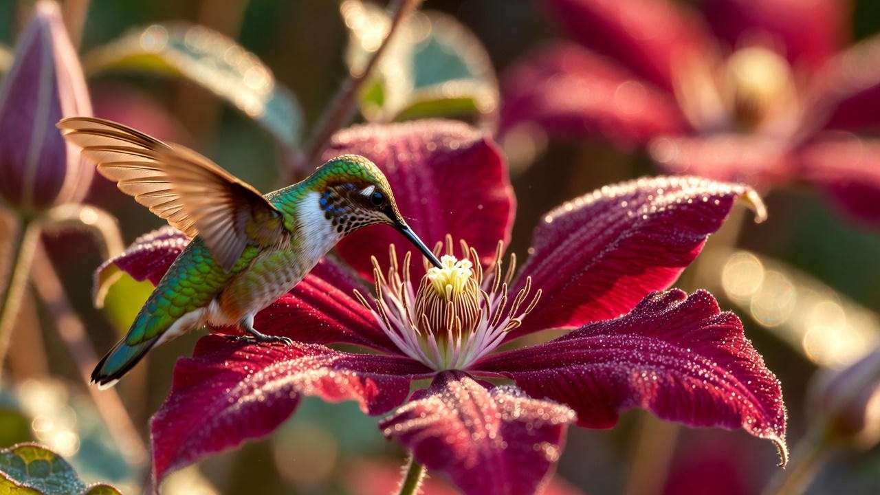 Hummingbird feeding on red clematis ‘Niobe’ – pollinator-friendly beauty