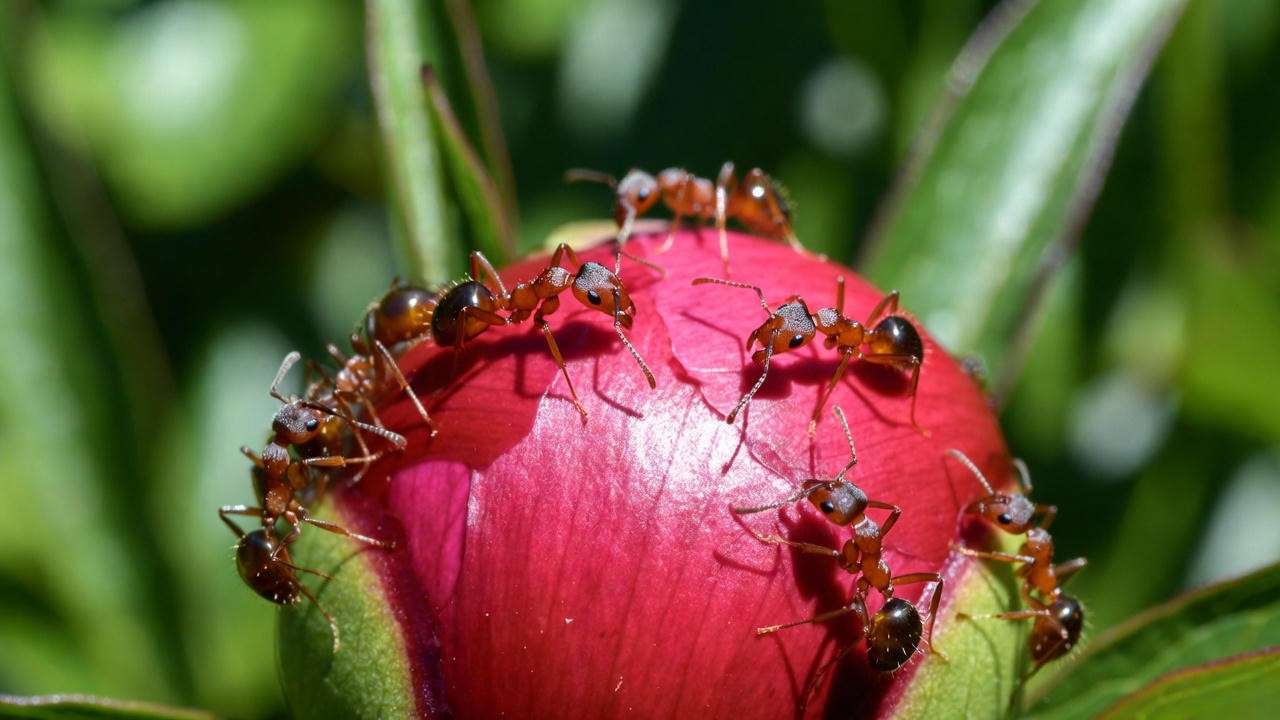 Helpful ants on Red Charm peony bud eating sap – completely normal and beneficial