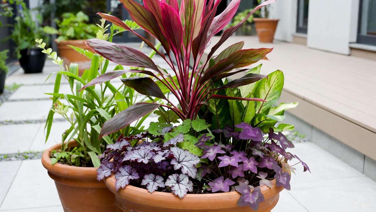 Red foliage plants grown in containers on a patio, including Cordyline and Heuchera