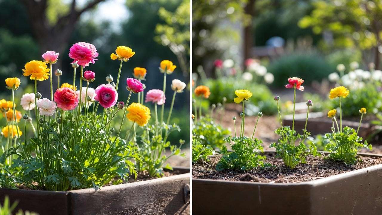 Fall-planted vs spring-planted ranunculus comparison showing bloom size difference